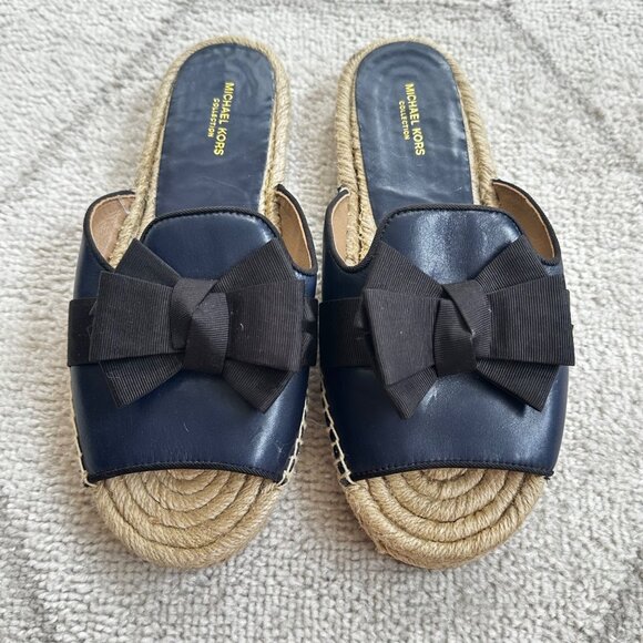Michael Kors Hawn Maritime Navy Blue Leather Espadrille Open-Toe Slide sz 6.5 - Picture 1 of 5